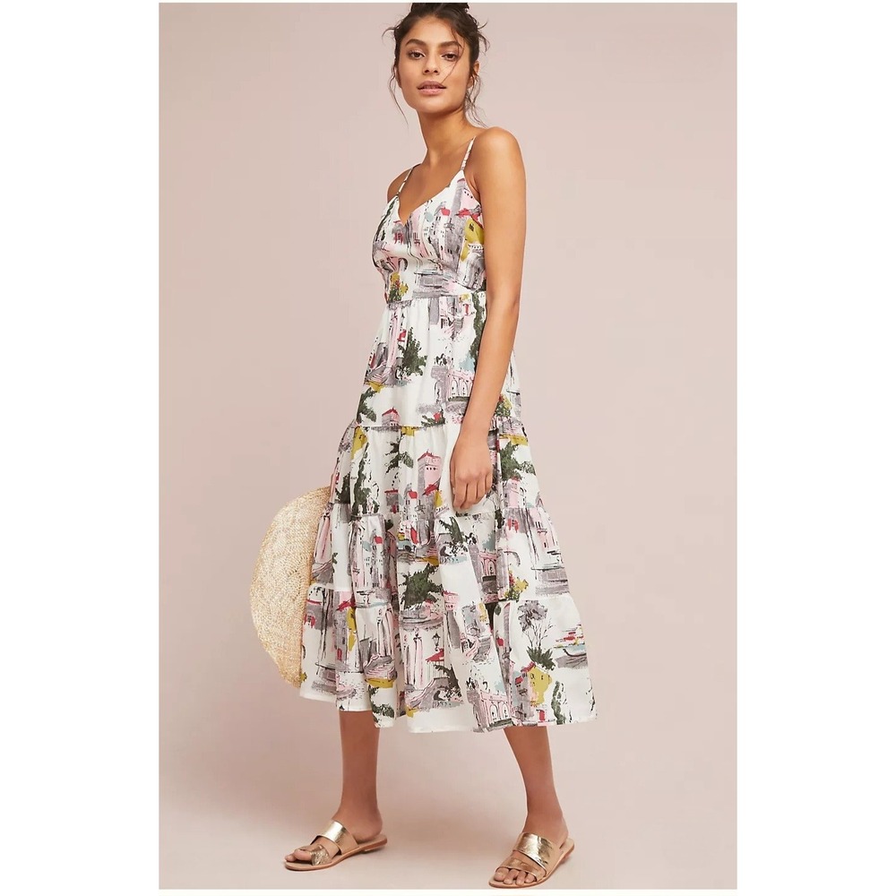 Lazybones Anthropologie Cotton Cityscape Print Tiered Midi Dress Pink Cream XS